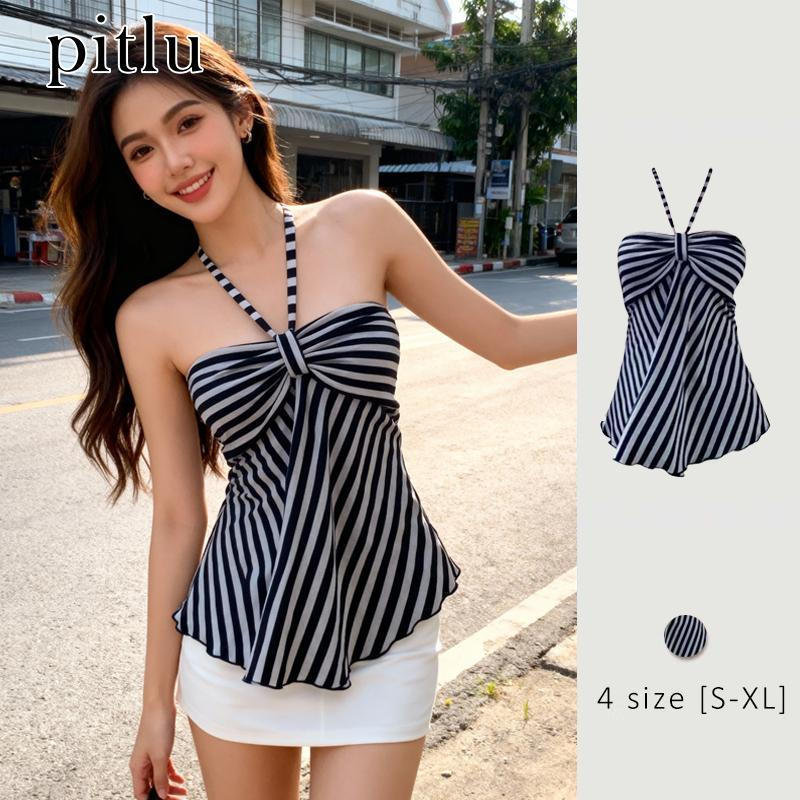 pitlu เสื้อสาวฮอลเตอร์บราสลายขนสีดำ-เทา ขนาดS-XL โบว์หน้า ใส่สวย แฟชั่น