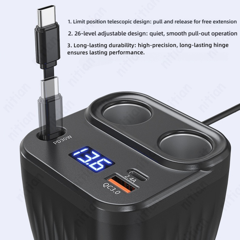 6 in 1 Multi Port Car Charger 12 V/24 V QC3.0 + PD60W Fast Charging ชาร์จโทรศัพท์ขยายสาย 2 ซ็อกเก็ตอัจฉริยะ LED แรงดันไฟฟ้าจอแสดงผลอะแดปเตอร์พลังงานสูง - รูปที่ 6