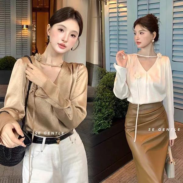 mimi&didi#เสื้อเชิ้ตแขนยาวผ้าซาตินทรงหลวมสไตล์ฝรั่งเศส เหมาะสำหรับช่วงต้นฤดูใบไม้ร่วง สำหรับผู้หญิง#99322