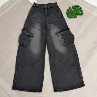 jinjeans #5699 (XS-6XL) กางเกงยีนส์คาร์โก้ ทรงช่างสีดำฟอก Barrel Baggy Jeans พร้อมส่งจากไทย