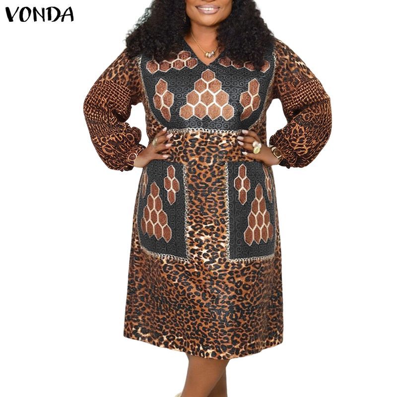 VONDA ชุด Midi สำหรับผู้หญิง สไตล์วินเทจอเมซิงจากแอฟริกัน พร้อมแขนเสือดarpพิมพ์และคอดีเทลพัฟ