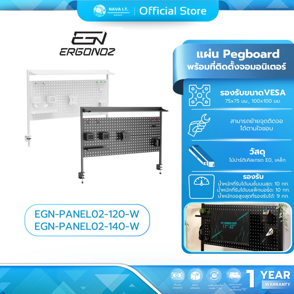 (มีส่งด่วน)ERGONOZ ชั้นวางของติดโต๊ะ PANEL02 PEGBOARD DIY ขนาด 120 และ 140 cm. รับประกัน 1 ปี