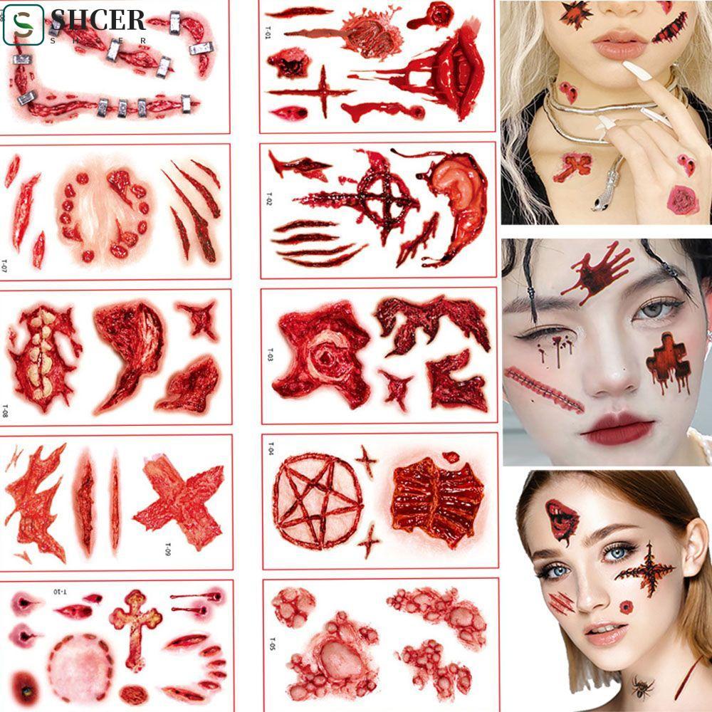 SHCER Bloody Wound Tattoos ตลก 10 ชิ้นตกแต่งฮาโลวีนปลอม Tattoo กันน้ําแผลรอยขีดข่วนสติกเกอร์