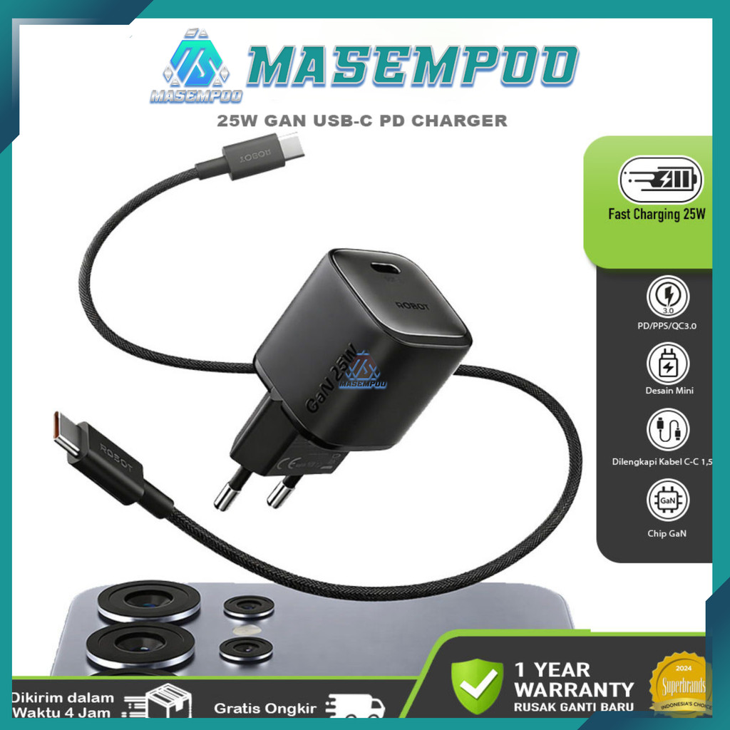 ROBOT RT-X25W Charger GaN 25W USB-C PD PPS QC3.0 Type-C ถึง Type-C ชุดสายเคเบิล 1.5m Fast Charging ส