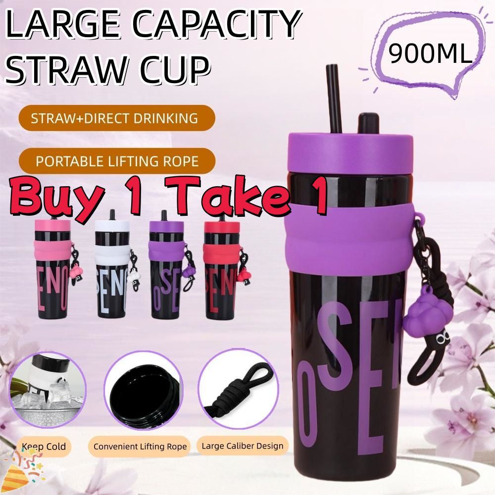 ขวดพลาสติกขนาดใหญ่ 900 มล. 2 ชิ้น พร้อมหลอดดูด ป้องกันการรั่วซึม พกพาสะดวก เหมาะสำหรับใช้กลางแจ้ง