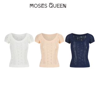 MOSESQUEEN เสื้อเบลาส์แขนสั้นทรงหลวม ลายฉลุ คอปก สำหรับฤดูร้อน #69028