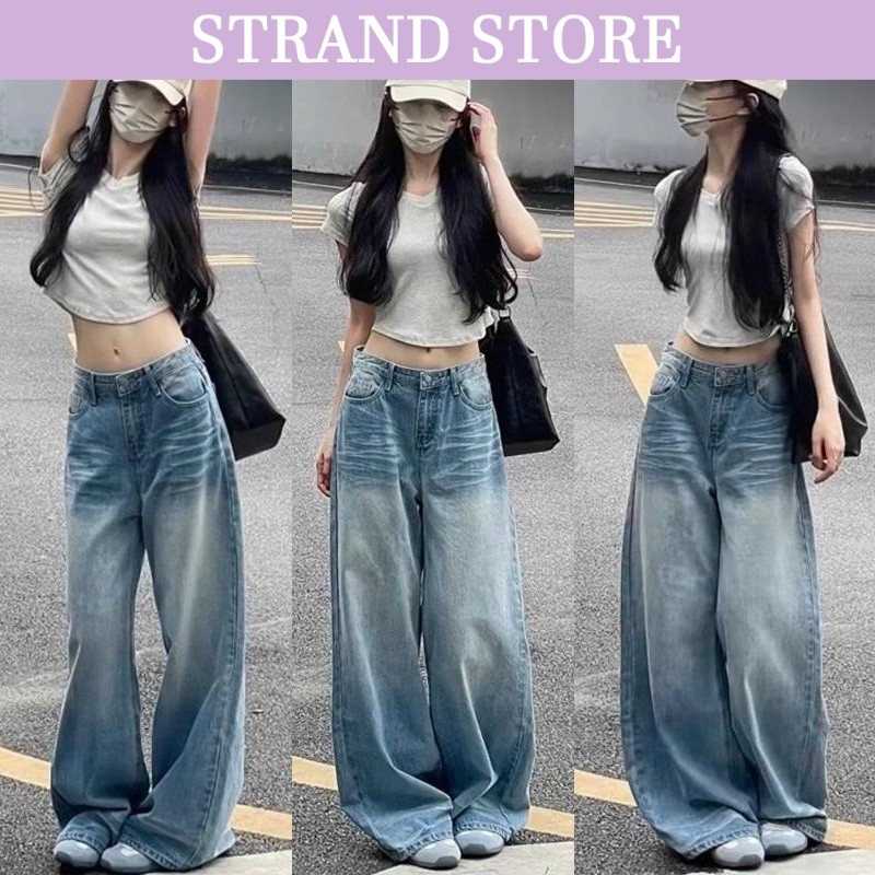 STRAND กางเกงยีนส์ขากว้างรุ่นใหม่ เอวสูงขายาวขึ้นหลวมคลุมสะโพกดูสูงดูผอม รูปร่างลูกแพร์ ขนาดใหญ่ XV124
