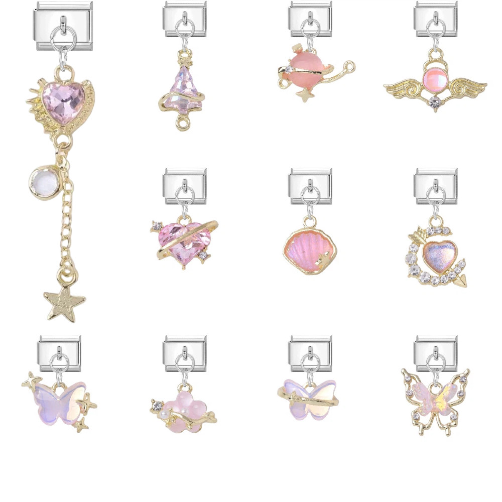 สร้อยข้อมือสแตนเลส 9 มม. ยอดนิยมสีชมพูกับสีทองขอบหัวใจและผีเสื้อสไตล์อิตาลี DIY เครื่องประดับทำเอง