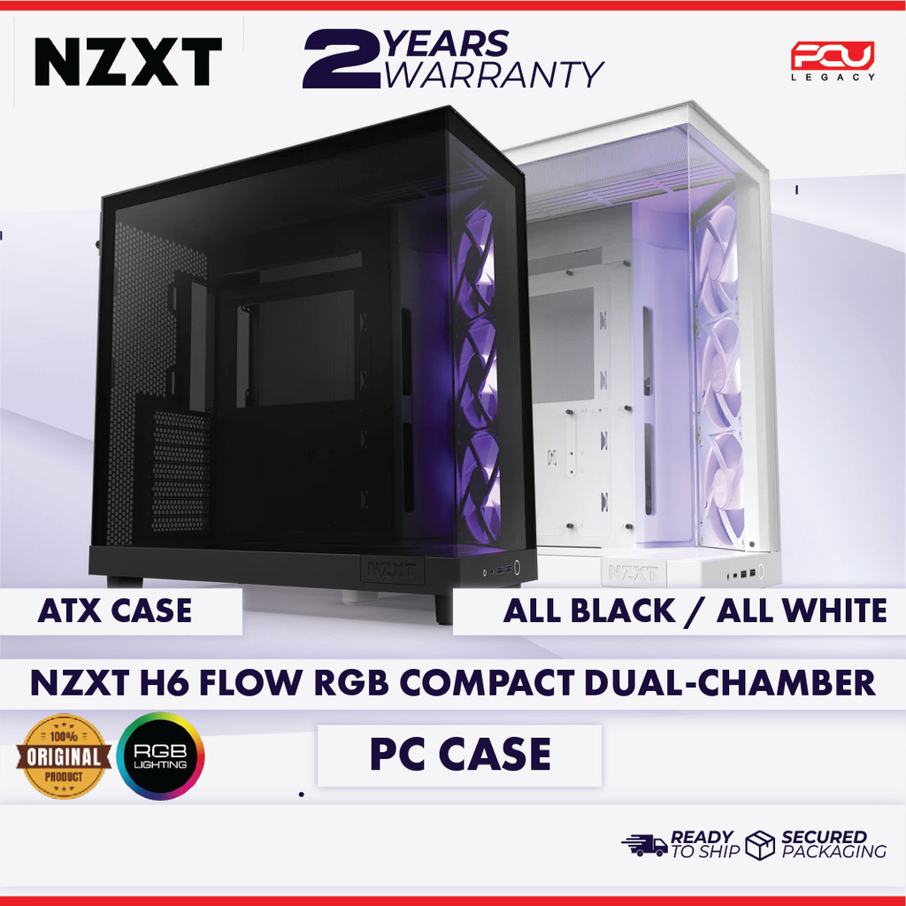 NZXT H6 FLOW RGB COMPACT DUAL - CHAMBER ATX CASE พร้อมพัดลม RGB - สีดําล้วน / สีขาวล้วน