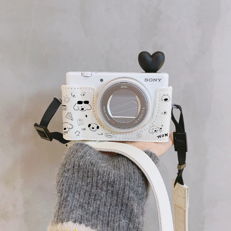 การ์ตูนการ์ตูนมือวาดสุนัขป้องกันกรณีเหมาะสําหรับ Fuji x100v XT5 ฐานหนังครึ่งชุด Canon R50R100 Sony Z