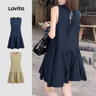 Lovito เดรสแคชชวลสำหรับใส่ทำงาน ดีไซน์คลาสสิกและใช้งานได้หลากหลาย สีน้ำเงินเข้ม ผูกโบว์ด้านหลัง เหมาะสำหรับฤดูใบไม้ผลิ/ฤดูร้อน สำหรับผู้หญิง L154ED239