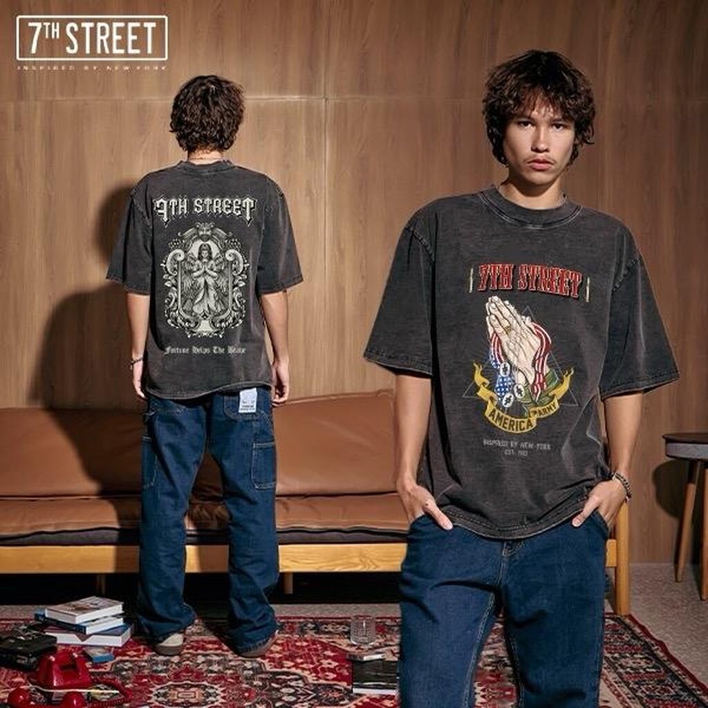 7th Street Oversize Vintage (สกรีน2หน้า) ผ้าCotton Comb ฟอกซีดสไตล์วินเทจ ฟอกแบบตัวต่อตัวขึ้นริ้วตามตะเข็บฟอกจากเสื้อ...