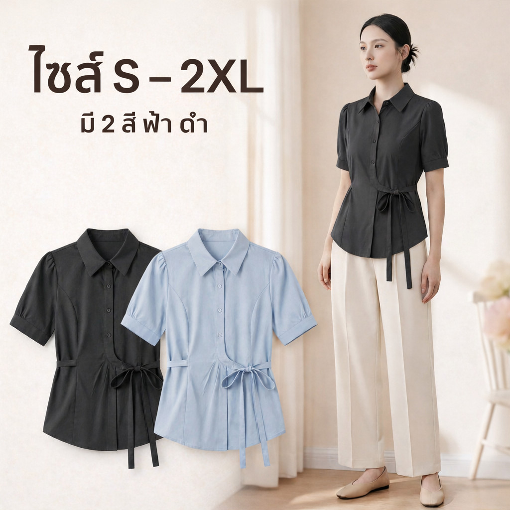 เสื้อลุคคุณหนูเกาหลี ผูกเอวด้านข้าง ทรงสวย ใส่แล้วดูแพง น่ารักสุภาพ