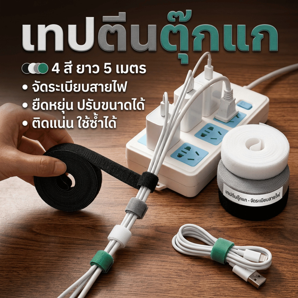เทปตีนตุ๊กแกจัดระเบียบสายไฟ ฉีกง่าย ใช้ซ้ำได้ 5 เมตร 4 สี