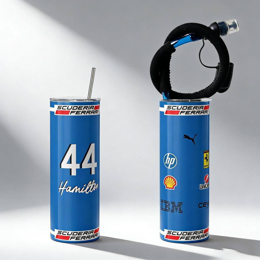Ferrari F1 Fleet Hamilton No. 44 เคลือบสีฟ้าสแตนเลสกระติกน้ําร้อนถ้วยรถแบบพกพาฟางถ้วยน้ําเฟอร์รารี ฉ