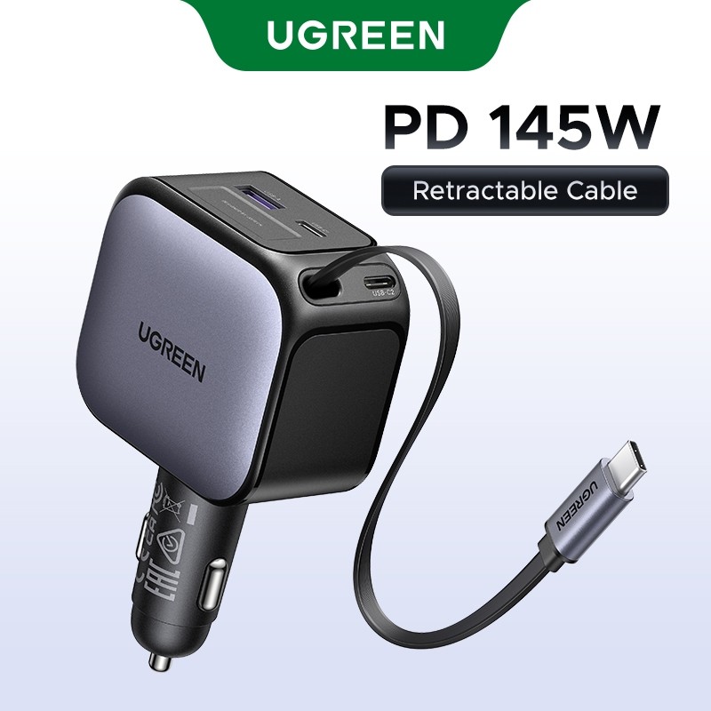 UGREEN 145W ที่ชาร์จแบตในรถ PD60W USB-C สายแบบพับเก็บได้สําหรับแท็บเล็ตโทรศัพท์แล็ปท็อป