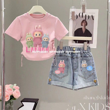 Bebe Girls Suit Summer Cute Cartoon Drawstring Top Denim Shorts ชุดสูทสองชิ้นอินเทรนด์ FG19