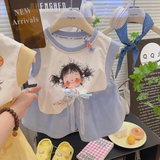 มาใหม่🪄ชุดเซ็ทเสื้อแขนกุด+กางเกงขาสั้น สำหรับเด็ก ลายเด็กผู้หญิงผูกโบว์ น่ารักๆ เนื้อผ้าใส่สบาย 🪄