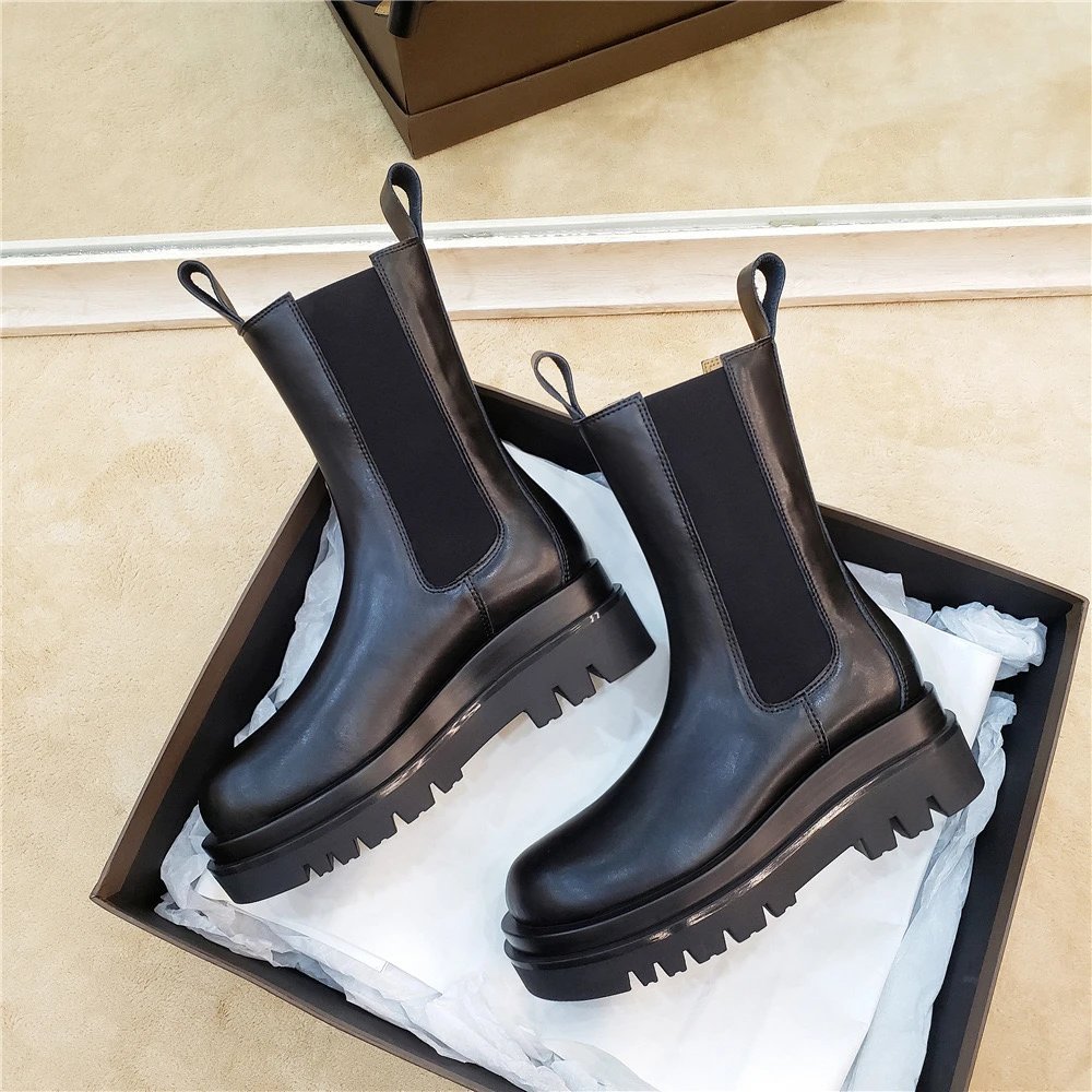 รองเท้าChelsea Women's Mid Tube สไตล์อังกฤษ อัปเกรดหนังวัวแท้หนามากขึ้นและเพิ่มความสูงที่ฝ่าเท้า