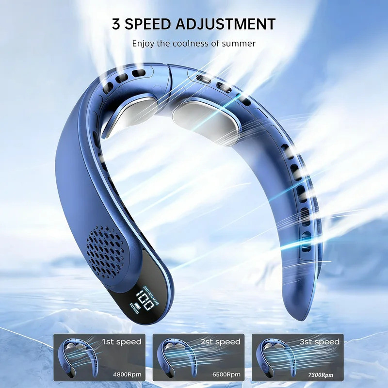 Quad-Core USB พัดลมคล้องคอ Turbine Vaneless Design Easy Control 4000mAh จอแสดงผลดิจิตอลสําหรับพัดลมพกพากลางแจ้งฤดูร้อนของขวัญใหม่