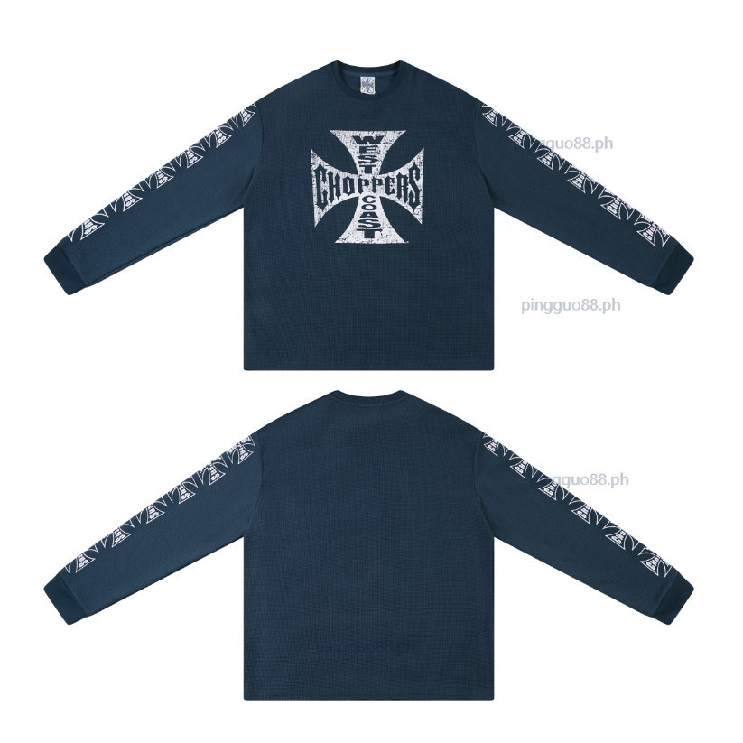 West Coast Motorcycle Cross Waffle เสื้อยืดแขนยาว Retro Street Loose Top