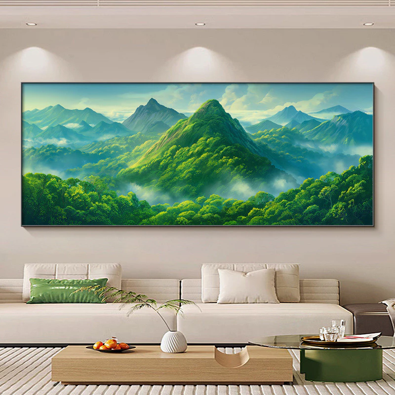 สีเขียวภูเขาจิตรกรรมตกแต่งผนังศิลปะฮวงจุ้ยศิลปะโปสเตอร์ภาพไฟเบอร์ผ้าใบพิมพ์โฮมออฟฟิศผนังแสดงภาพวาดโชคลาภ