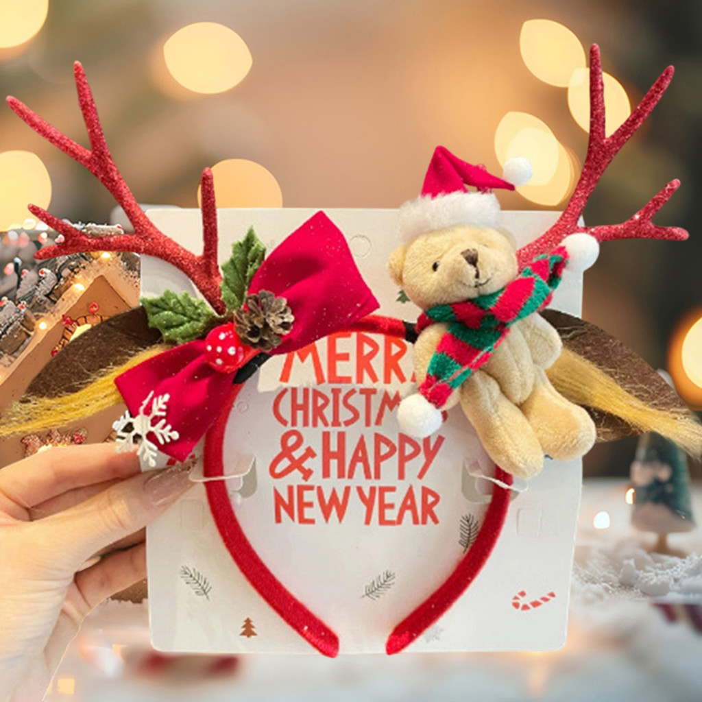 Festive Christmas Reindeer Antlers Headband with Cute Deer Ears and Bow for Adults and Kids - Holida