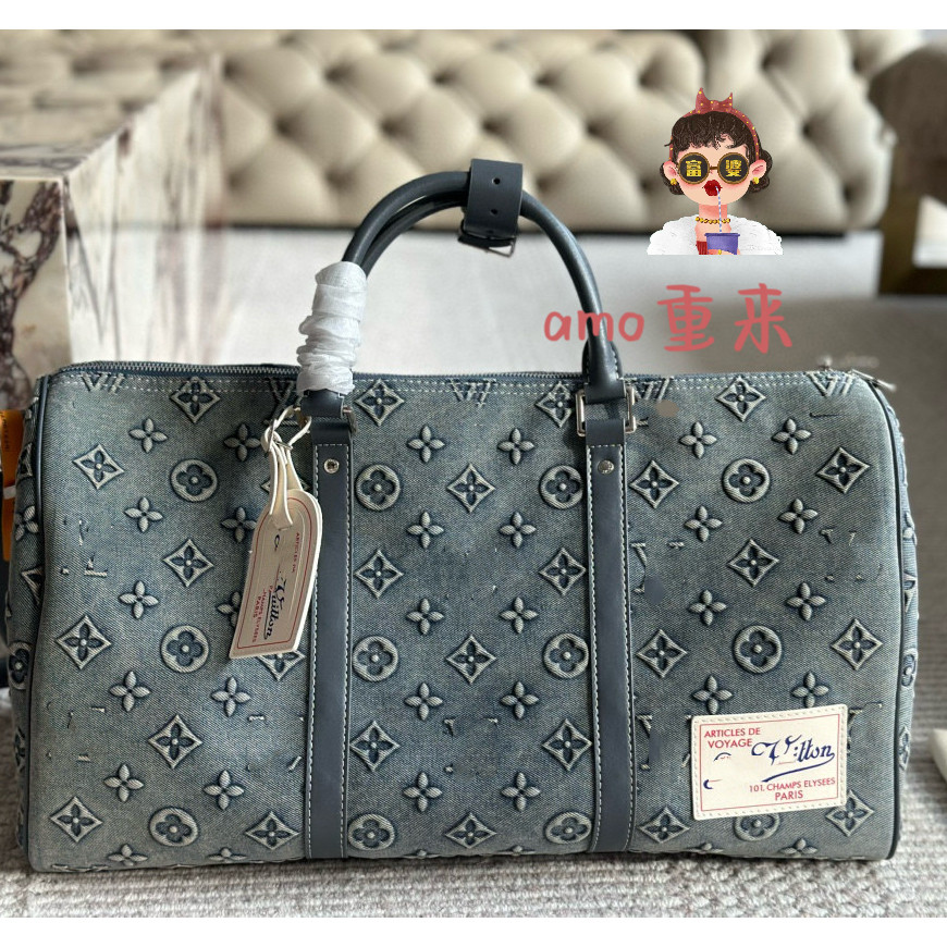 Real Shot Denim Bag Travel Vacation หนังแท้ Unisex Diagonal Gym Airport HNMF