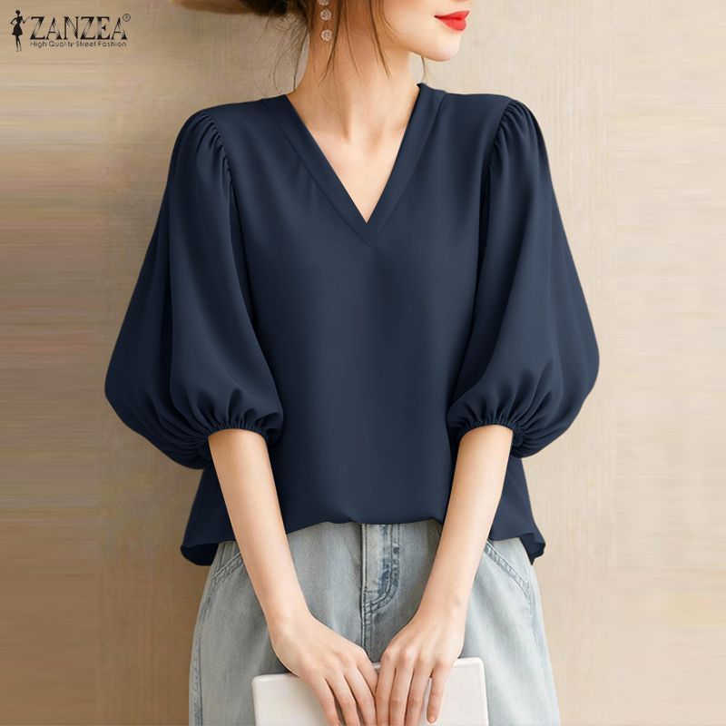 ZANZEA ซานเซีย ผู้หญิงเกาหลีทุกวันลําลองแฟชั่นคอวีแขนพัฟสีทึบจีบเสื้อเรียบง่าย — صورة 4