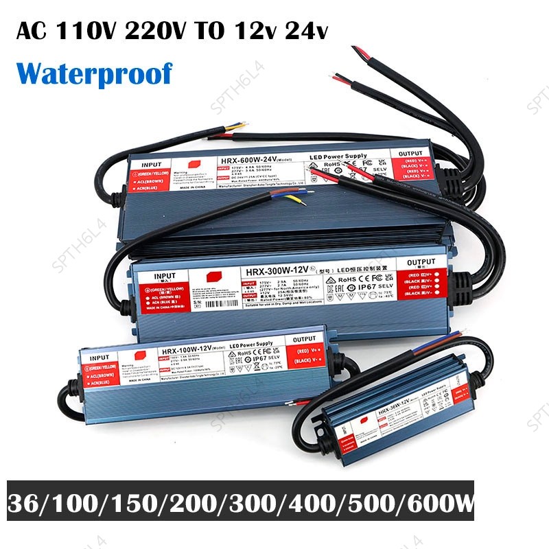 IP67 กันน้ํา led strip Transformer Driver 36/100/200/300/400/500/600W AC to DC 12V 24V กลางแจ้งอะแดป