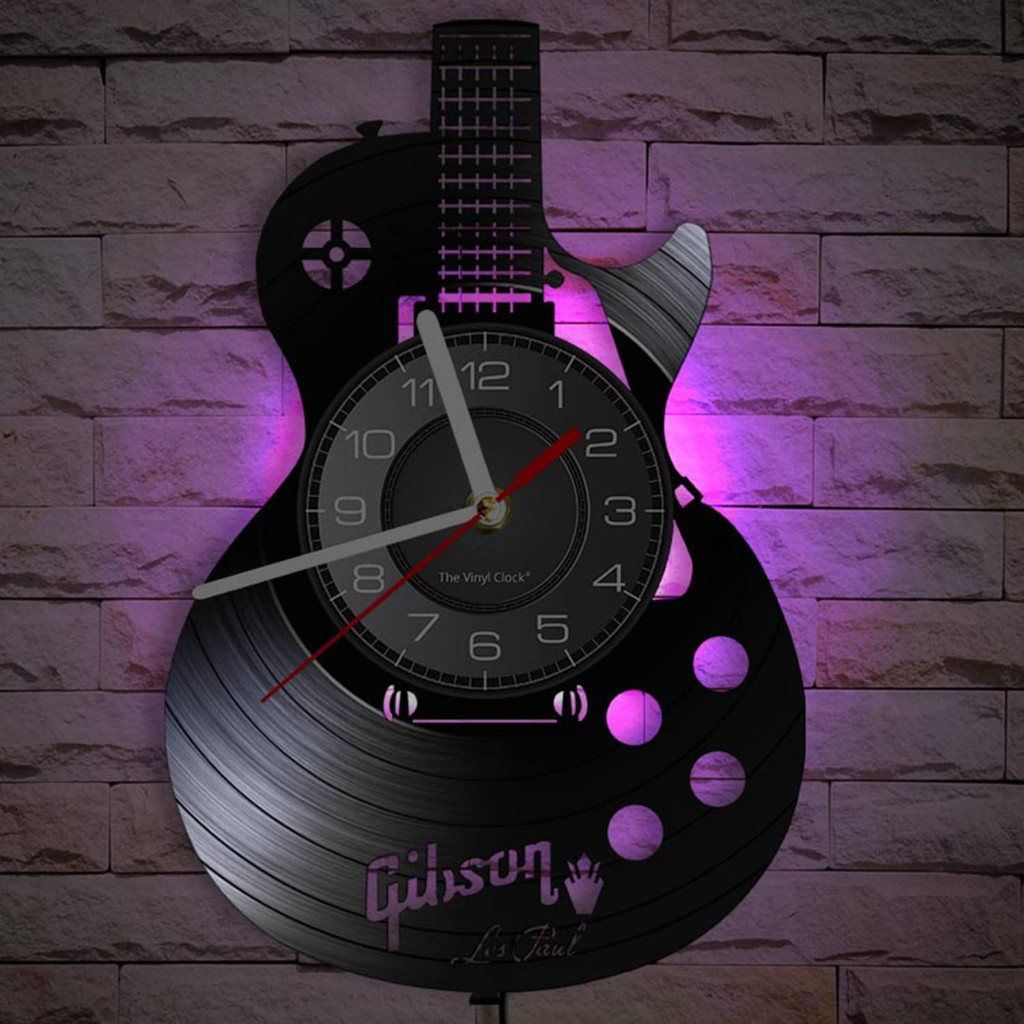 กีต้าร์โปร่ง 12 "LED ไวนิล LP Wall Art Wall Clock 7 สีเครื่องดนตรีห้องนอนภายในบ้านตกแต่งผนังไวนิลบัน