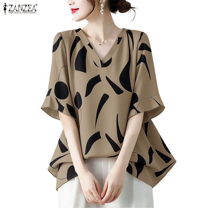 ZANZEA ผู้หญิงเกาหลี Elegant แฟชั่น Lady V คอ Ruffle แขนเรขาคณิตพิมพ์เสื้อชีฟอง