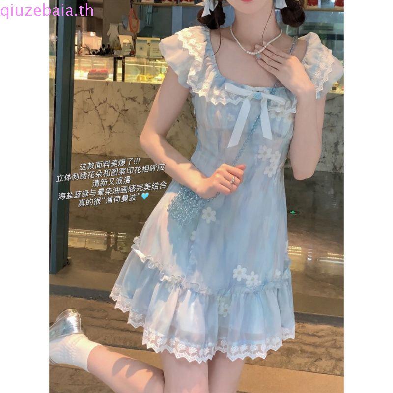 [特价热卖]Kawaii Japanese Dress Lolita Y2k Sweet Blue Floral Dress Wom