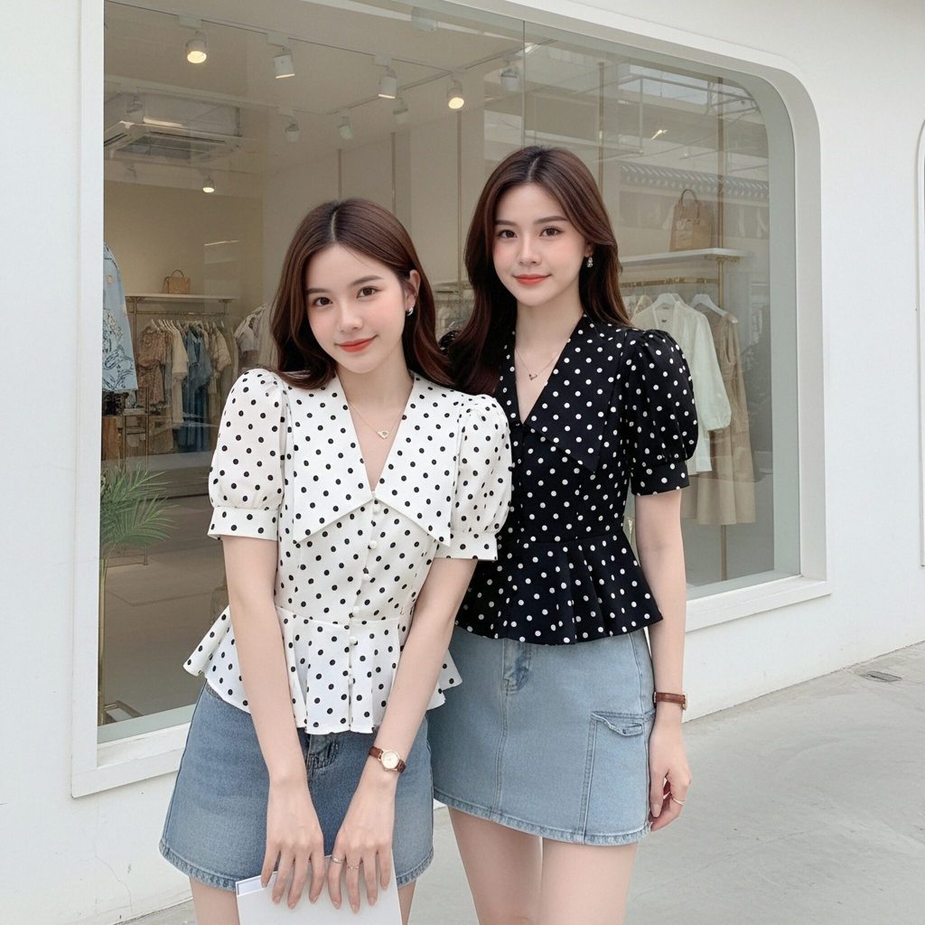 เสื้อคอปกตุ๊กตาลายจุด ตัวเล็กใส่ได้ แมตช์ง่าย ลุคเก๋