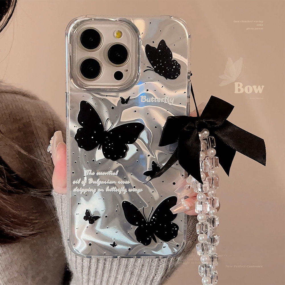 For iPhone เคสไอโฟน ผีเสื้อสีดำสามตัว 11 17 12 13 ระลอกคลื่น Ripple เคสไอโฟน 14 15 16 PLUS 16 PRO MAX จัดส่งจากประ