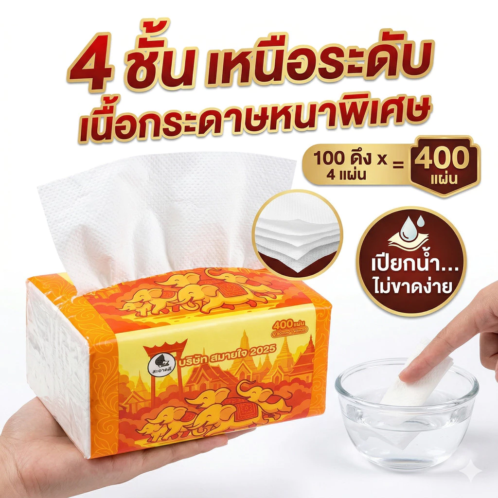 ทำให้หนาขึ้น ทิชชู่ 4 ชั้น 400 แผ่น กระดาษทิชชู่ เนื้อเนียนนุ่ม ซึมซับน้ำดี กระดาษเช็ดหน้า