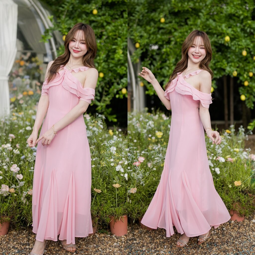 Fay Off-Shoulder Maxi Dress – Pastel Pink สีชมพู
