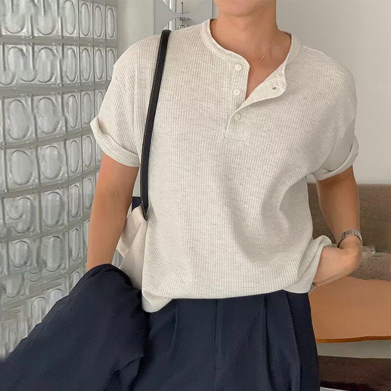 MNO.9 T-Shirt S177 เสื้อยืดแขนสั้น ผ้าวาฟเฟิล คอ henley คอกระดุม แฟชั่นชาย เสื้อผู้ชาย เรียบ เท่ห์ ฤดูร้อน บางเบาใส่สบาย