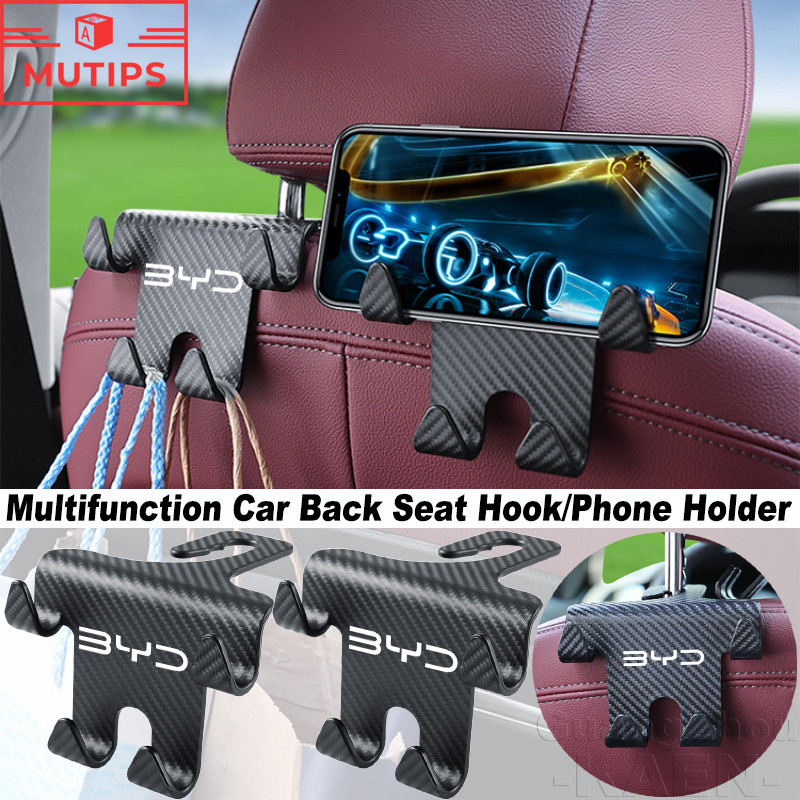 BYD ตะขอพนักพิงหลังเบาะรถยนต์ โทรศัพท์มือถือผู้ถือ พลาสติก Bag จัดเก็บ 4 ตะขอ ตะขอรถยนต์ สำหรับ Dolphin Atto 3 Sealion 6 Sealion 7 M6 Seal U Han EV Seagull Atto3 Yuan plus