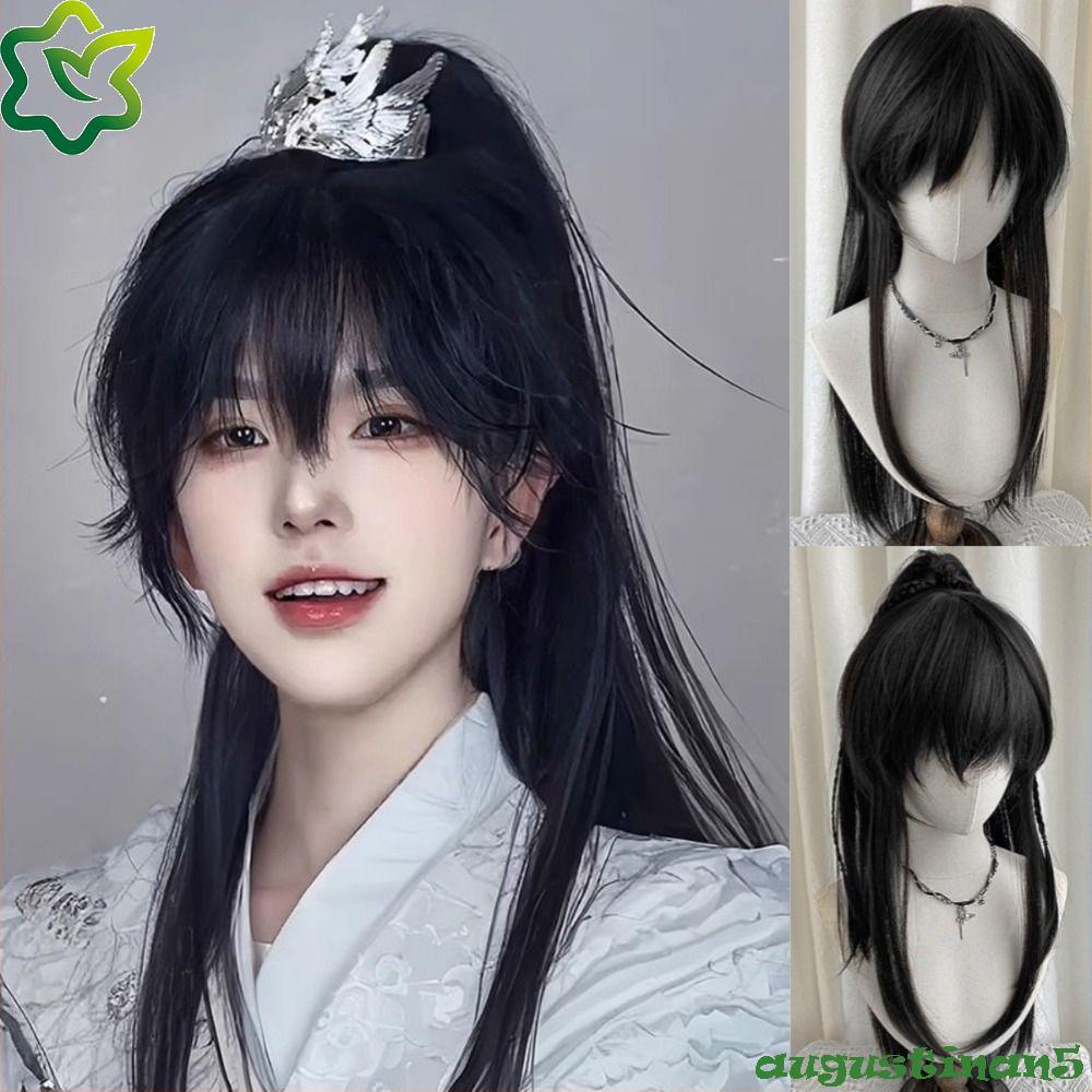 AUGUSTINAN Wig สำหรับ Hanfu ผู้ชาย สไตล์จีนโบราณ ผมหางม้าสูง ผมสังเคราะห์ยาวตรง ใช้สำหรับคอสเพลย์และของตกแต่งภาพถ่าย