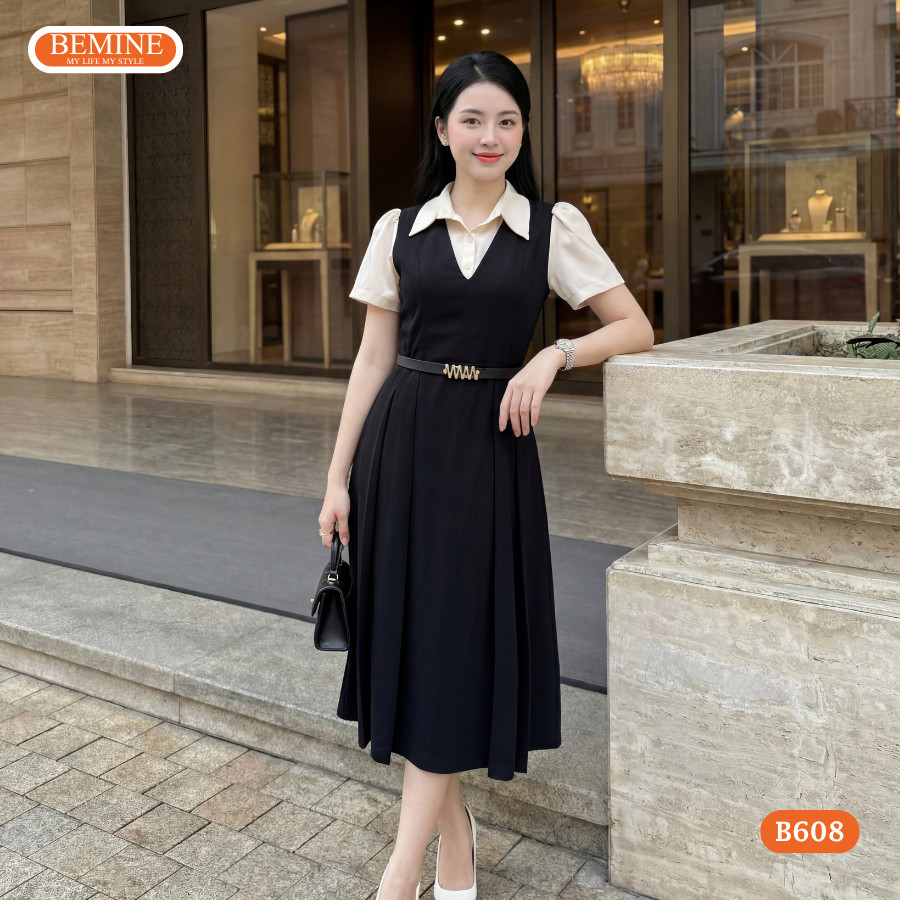 BEMINE เดรสดีไซน์คอปกเชิ้ตและเสื้อชั้นในสตรีทรงเอเทียม เหมาะสําหรับทํางาน-B608