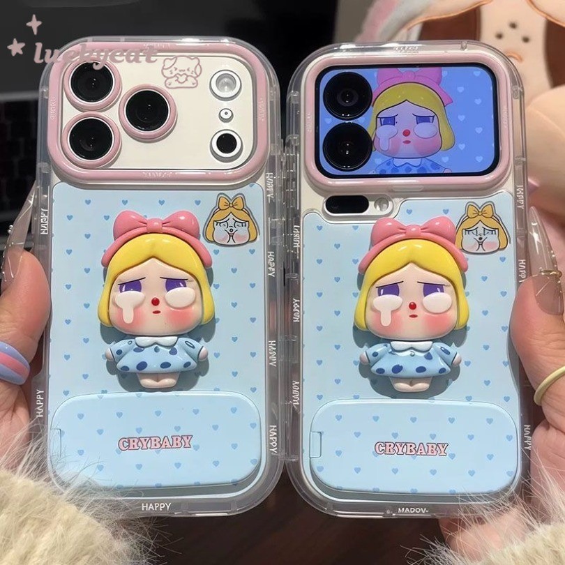 3D DIY โบว์สีชมพูสาว Blue Love Dots รูปแบบเคสโทรศัพท์ + กระจกสําหรับ iPhone 16 15 14 13 12 11 Pro Max X Xr Xs Max 7 8 Plus SE2020
