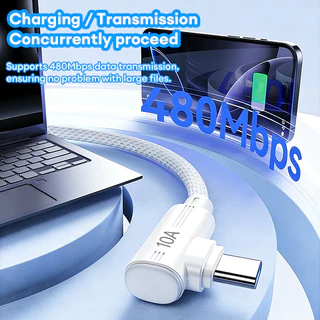 240W 10A สายชาร์จ USB to Type-C ชาร์จเร็วพิเศษ หัวงอ 90° สายเคเบิลข้อมูลแบบถักเหมาะสำหรับชาร์จมือถือ และอุปกรณ์หลากหลาย