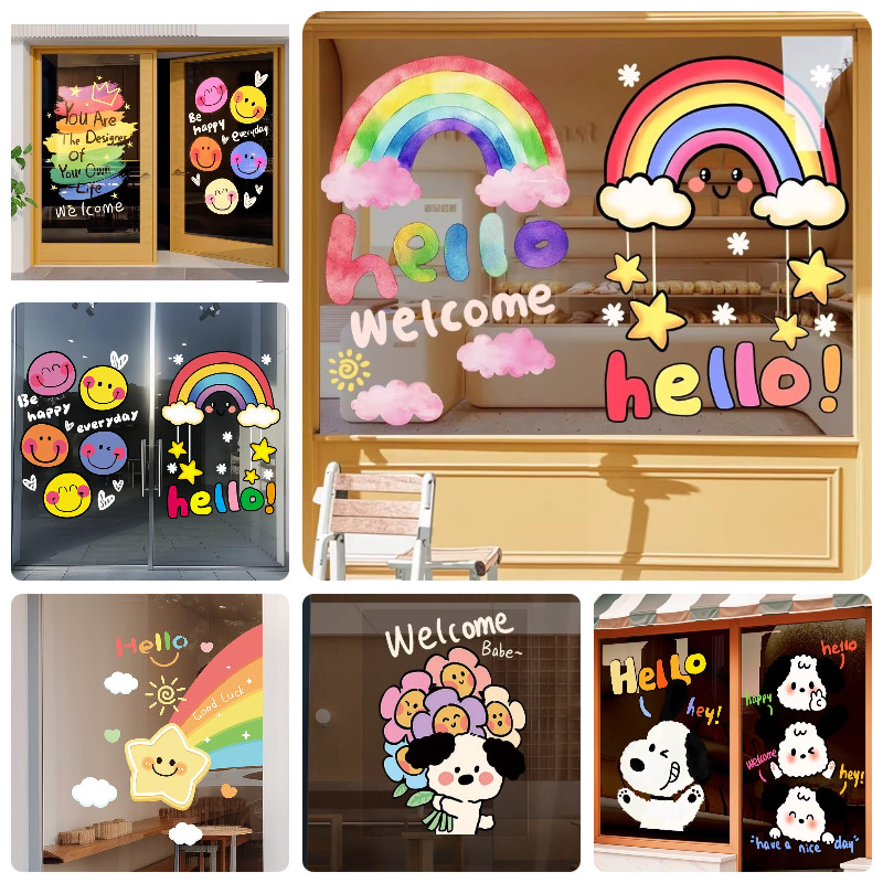 COD สติ๊กเกอร์สูญญากาศ PVC รูปแบบรุ้ง รูปแบบหน้ายิ้ม ตกแต่งร้าน ตกแต่งบ้าน สติกเกอร์หน้าต่างกระจก