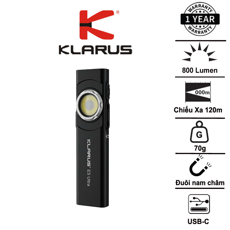 KLARUS E5 Ultra – ไฟฉาย EDC บางเฉียบ 800 ลูเมน ระยะ 120 ม. แหล่งกําเนิดแสง 3 อัน ชาร์จ USB-C