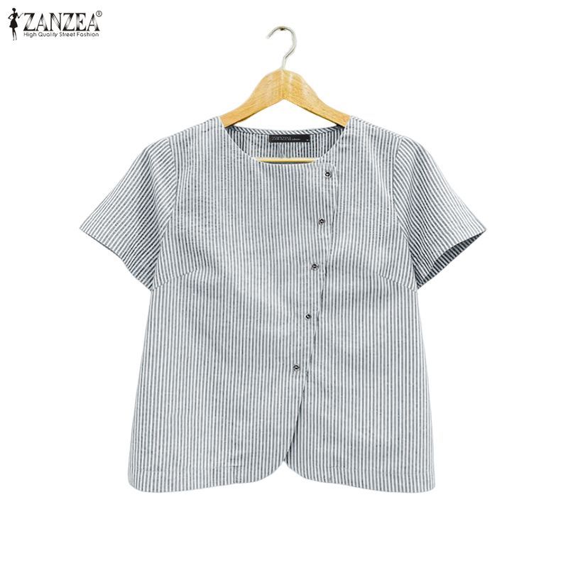 เสื้อเบลาส์คอกลมแขนสั้น สไตล์เกาหลีสำหรับผู้หญิง