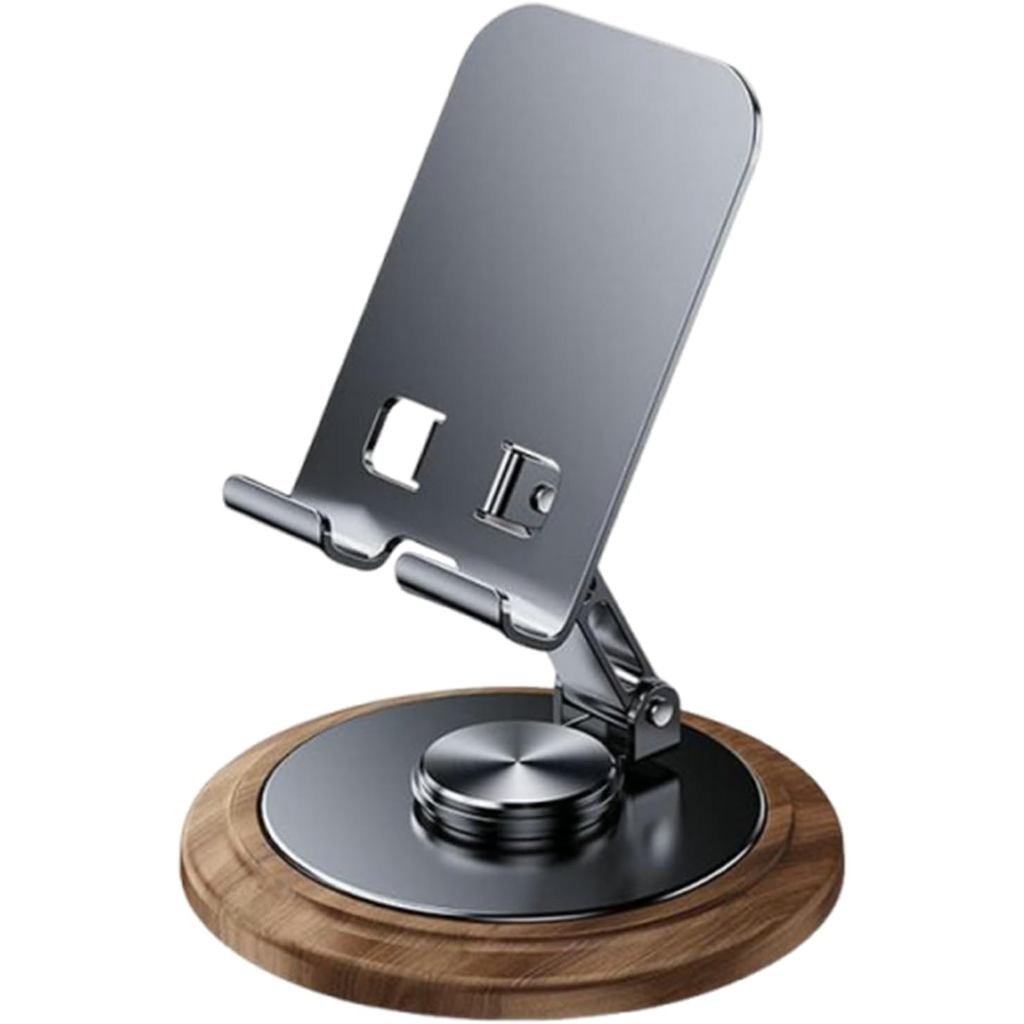 Cell Phone Holder - Adjustable Mobile Mount, 15x9.6cm Solid Wood Base Phone Stand with 360° Rotatabl
