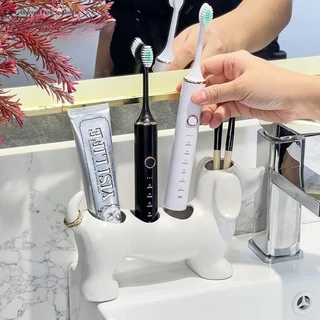 ที่วางแปรงสีฟันในห้องน้ํา การ์ตูนรูปร่างลูกสุนัข 4 หลุม ฟังก์ชั่นหลากหลายกันน้ำ ใส่แปรงสีฟัน แปรงสีฟันไฟฟ้าชั้นวางของ