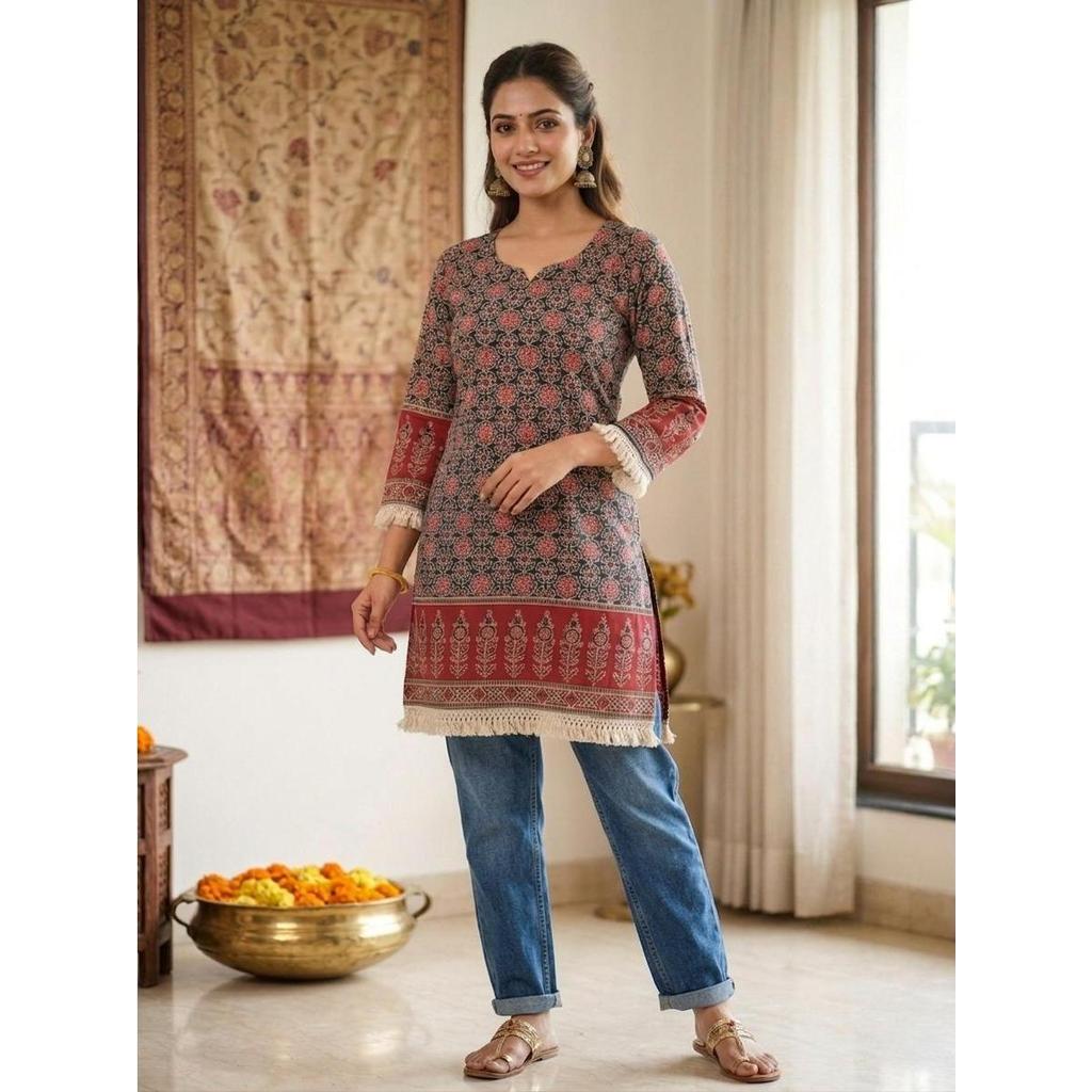 Jaipuri Cotton พิมพ์ตรงสั้น Kurti