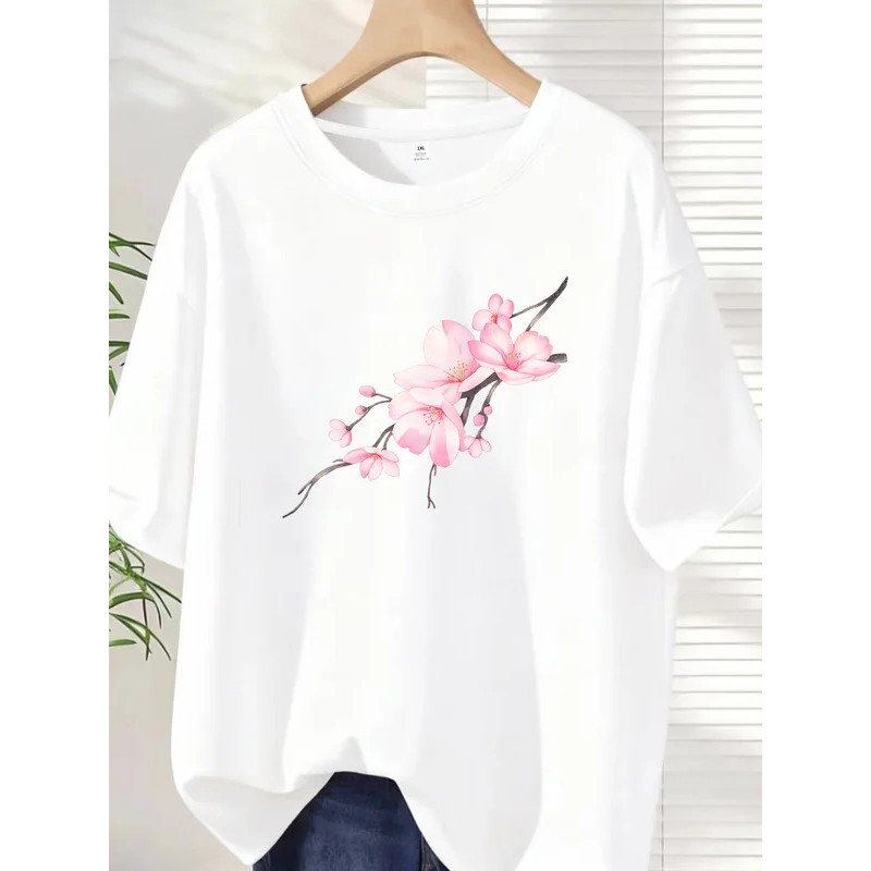 [ZXH10197] เสื้อยืดคอกลมแขนสั้นสำหรับผู้หญิงไซส์ใหญ่ สีชมพู พร้อมแขนเสื้อแบบยืดหยุ่นและลายพิมพ์ทันสม